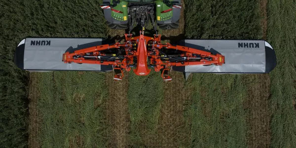 Aerial view of the GMD 1030 triple mower at work