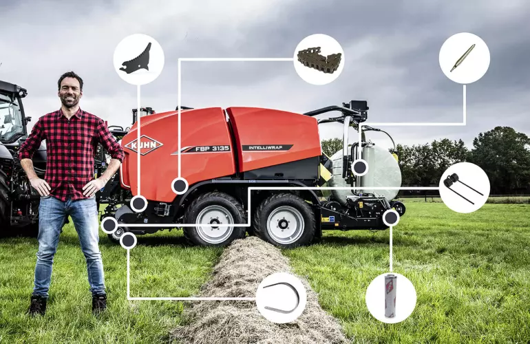 The main part of a baler: The main spare parts for balers are pick-up tines and guides, rotor knives, belts and driveline parts such as sprockets and chains.