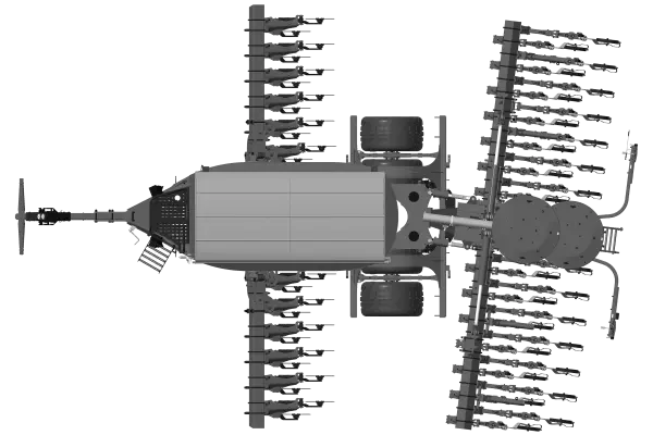 Central pivot between the seeding bar and the frame on the AUROCK trailed seed drill for no-till and conservation agriculture