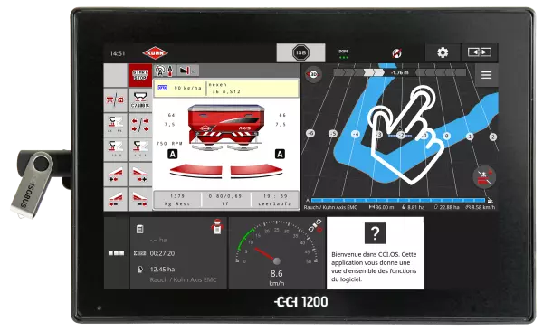 Terminal CCI 1200 con una representación de una mano que muestra la navegación intuitiva gracias a la función MultiTouch.
