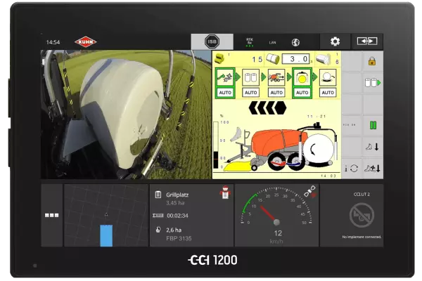 Terminal CCI 1200 que muestra un vídeo en directo del encintado de una paca