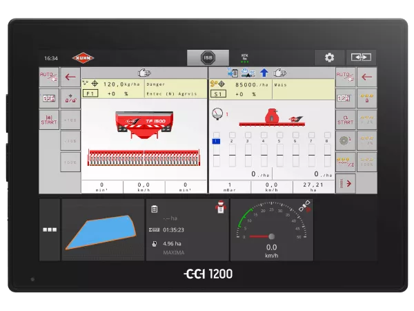 CCI 1200 terminālis ļauj operatoram parādīt un vadīt divas ISOBUS mašīnas, pateicoties dubultajai UT funkcijai, šajā gadījumā priekšējai tvertnei un precīzai sējmašīnai.