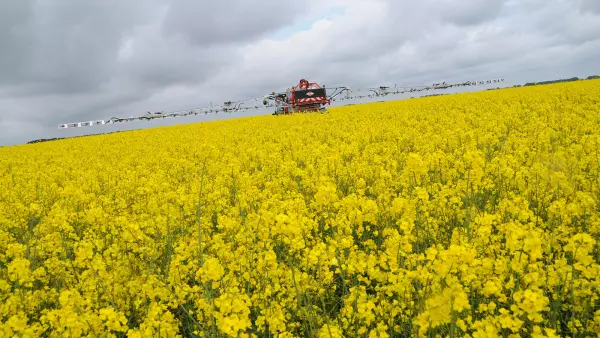 Foto del pulverizador suspendido DELTIS 2 trabajando en un campo de colza