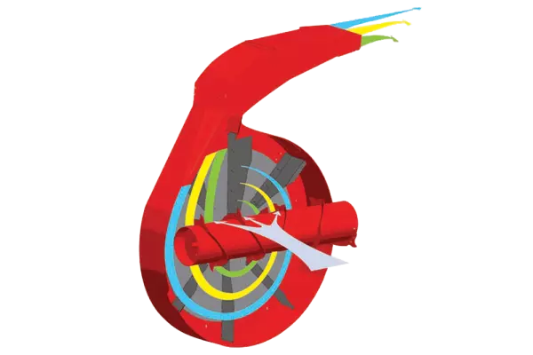 La cámara de desmenuzado neumática de la empajadora distribuidora PRIMOR 2060 S de KUHN desenreda eficazmente la paja sin cortarla.