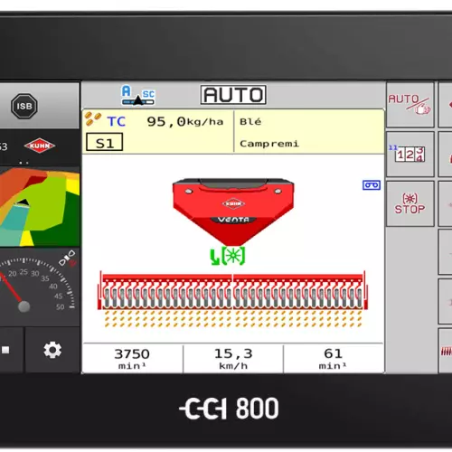 CCI 800 ISOBUS terminal screen displaying the functions of the FC 9330 RA mower conditioner