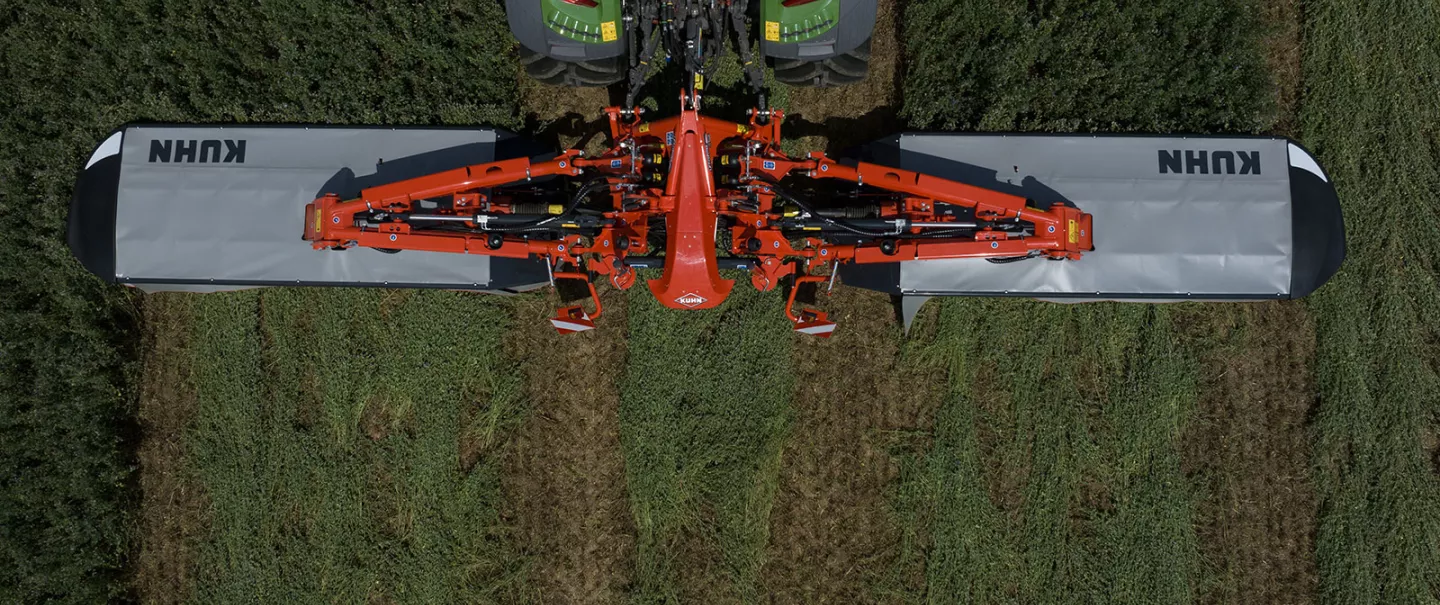 Aerial view of the GMD 1030 triple mower at work