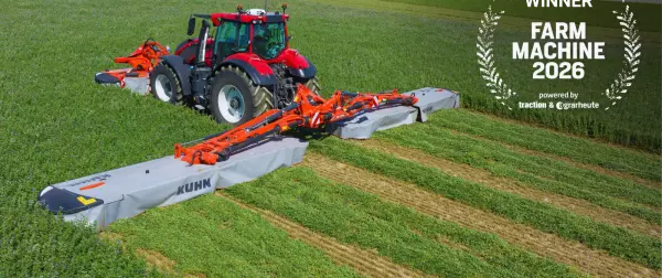 The GMD 15030 awarded FARM MACHINE 2026 at the AGRITECHNICA 2025 in Hannover. With a working width of 14.50 metres, the machine delivers up to 50% more output compared to traditional triple mower combinations, which typically range between 9 and 10 metres.