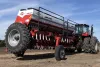 Perspective rear view of the ORIZA mechanical seed drill in transport position.